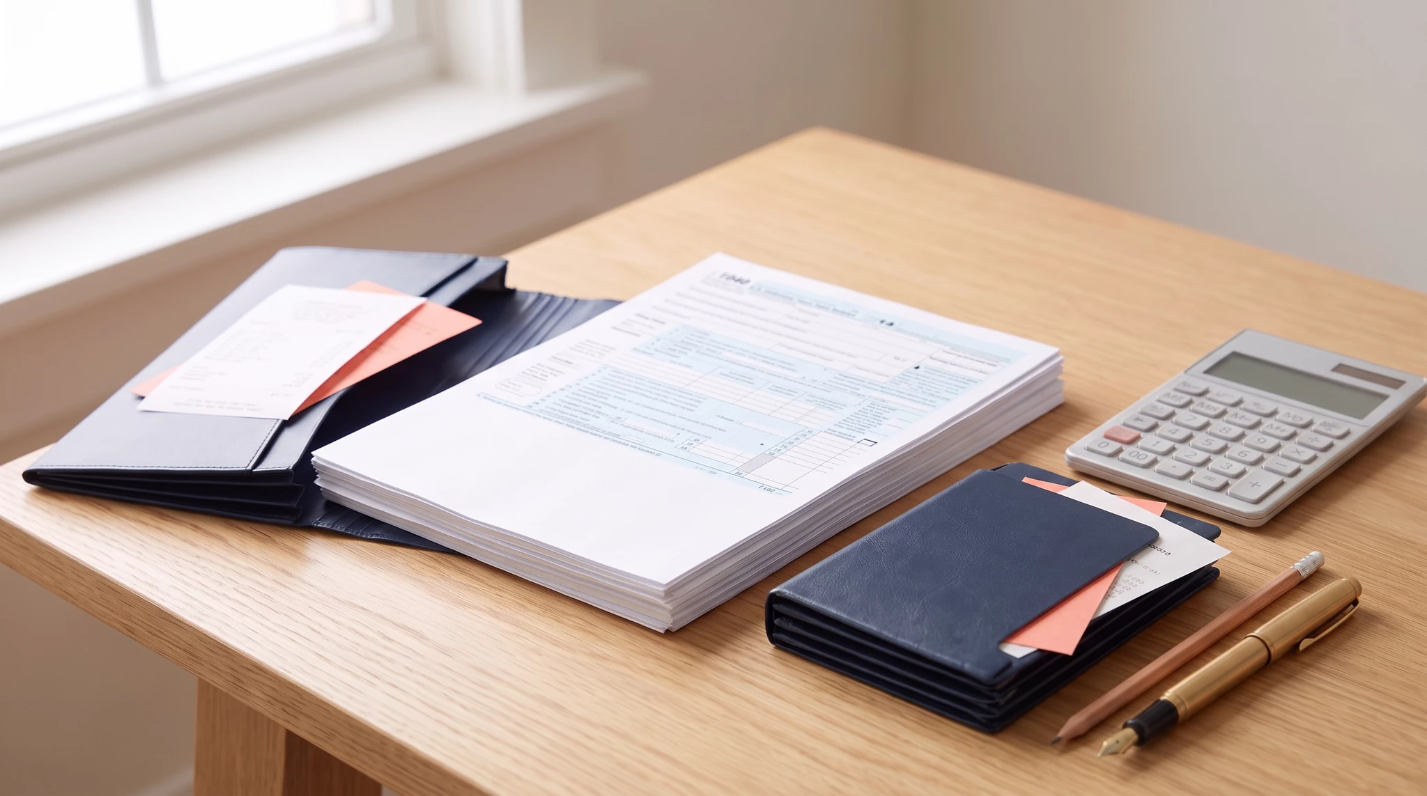 Organized office desk with open document binder, calculator, black leather wallet, coral sticky notes