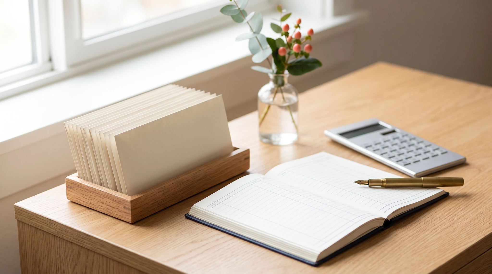 Minimalist wooden desk with open notebook, business cards in holder, calculator, brass pen, fresh flowers in glass vase