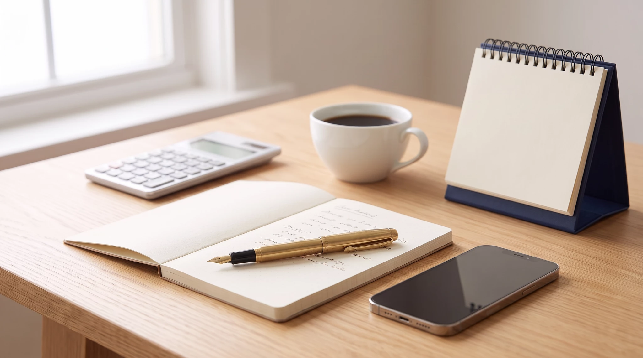 Wooden desk workspace with open notebook, gold pen, white coffee mug, calculator, smartphone, and spiral calendar