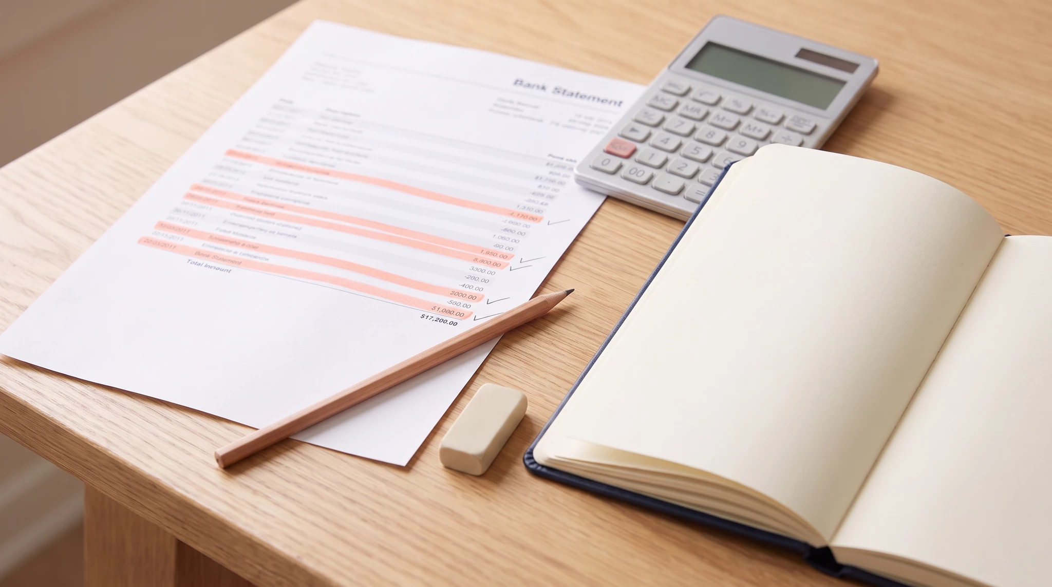 Wooden desk with open notebook, bank statement with red highlighted text, calculator, pencil