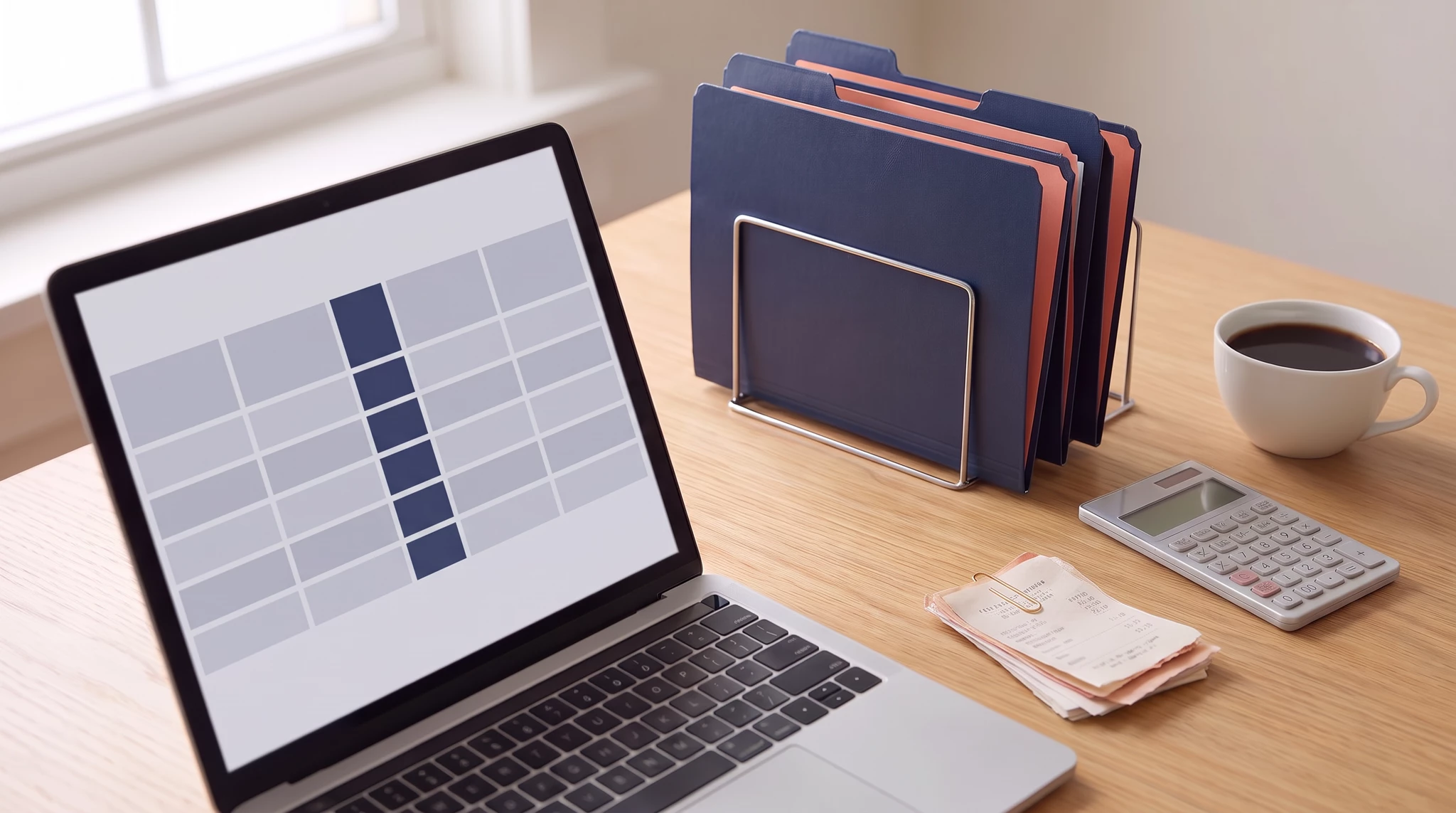 Organized workspace with laptop showing spreadsheet, navy and coral file organizer, white coffee mug, calculator