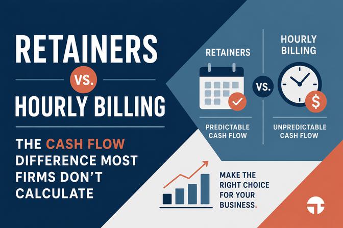 Side-by-side comparison infographic contrasting retainers and hourly billing, with calendar and clock icons