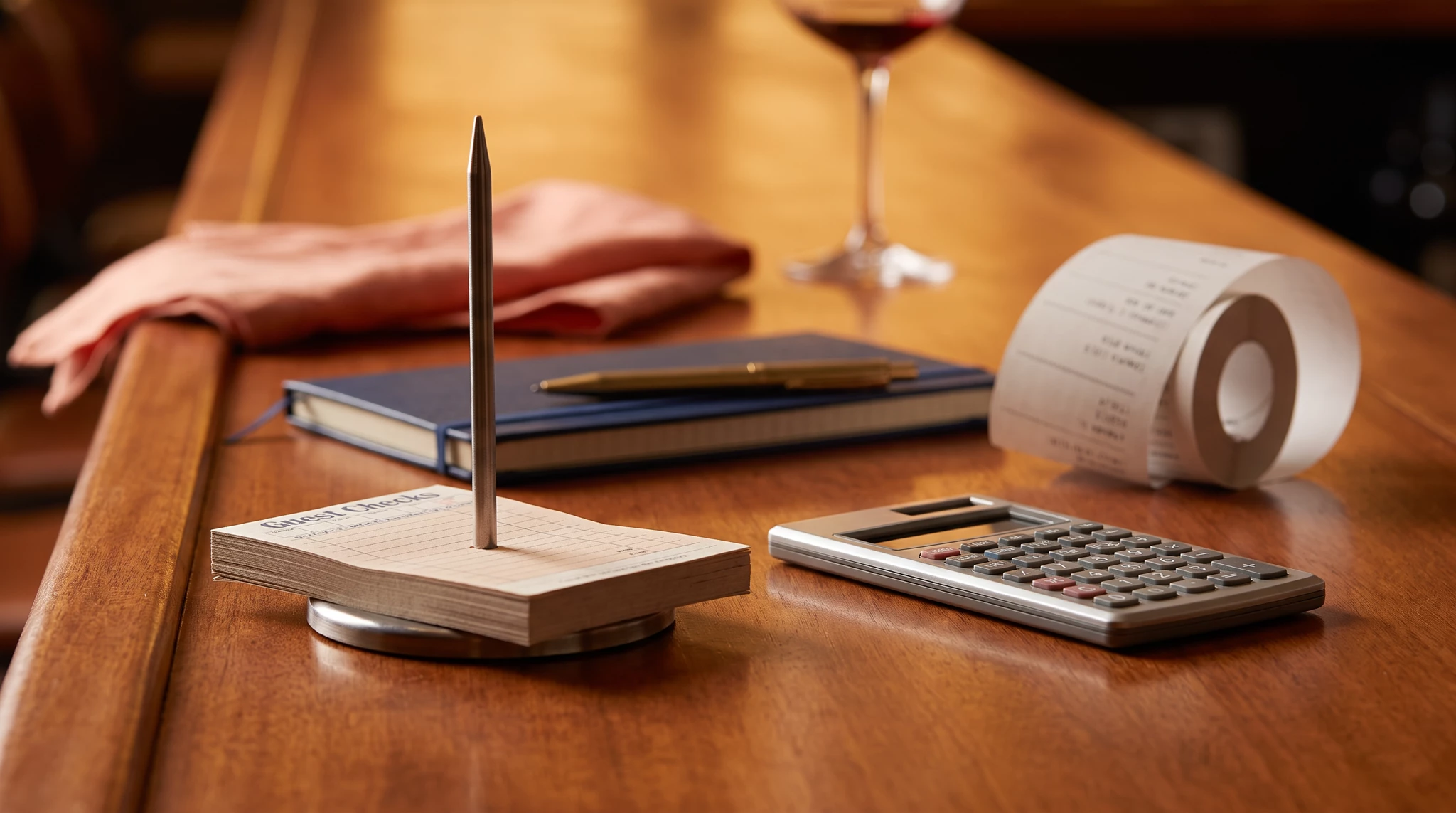Wooden desk with organized business essentials, black pen in wood holder, calculator, tape dispenser, notepad