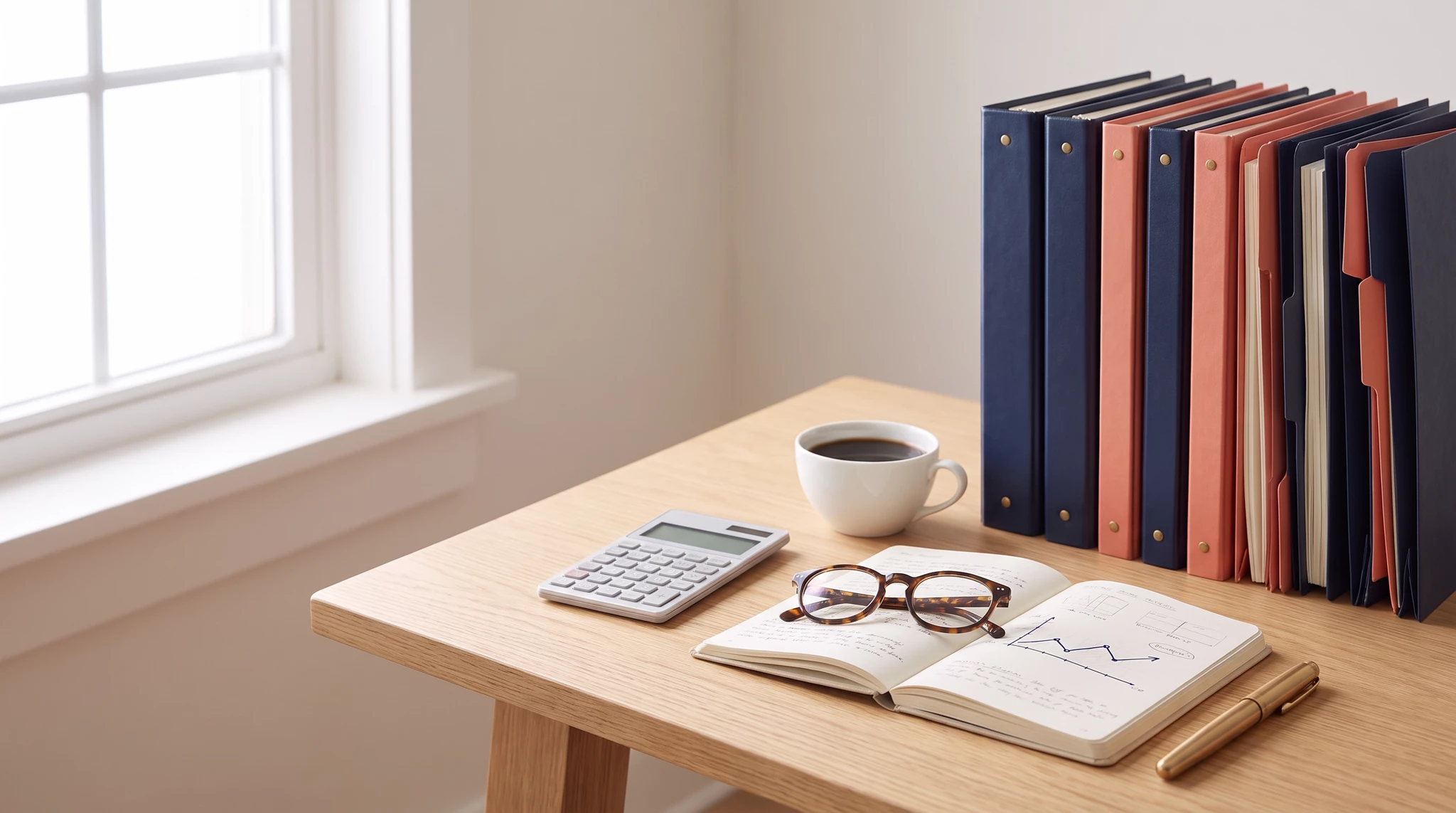 Organized wooden desk with stacked leather-bound journals in navy and rust, white coffee mug, calculator, eyeglasses