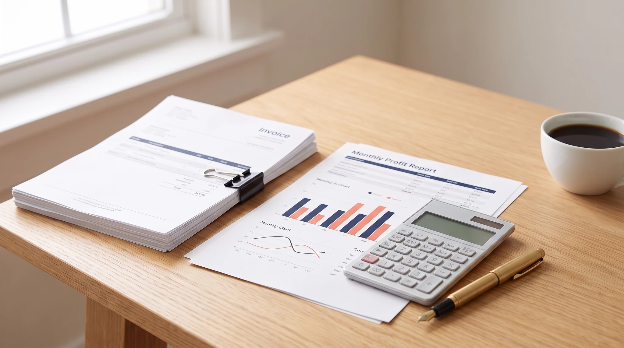 Wooden desk workspace with invoices, monthly profit report with bar charts, calculator, pen