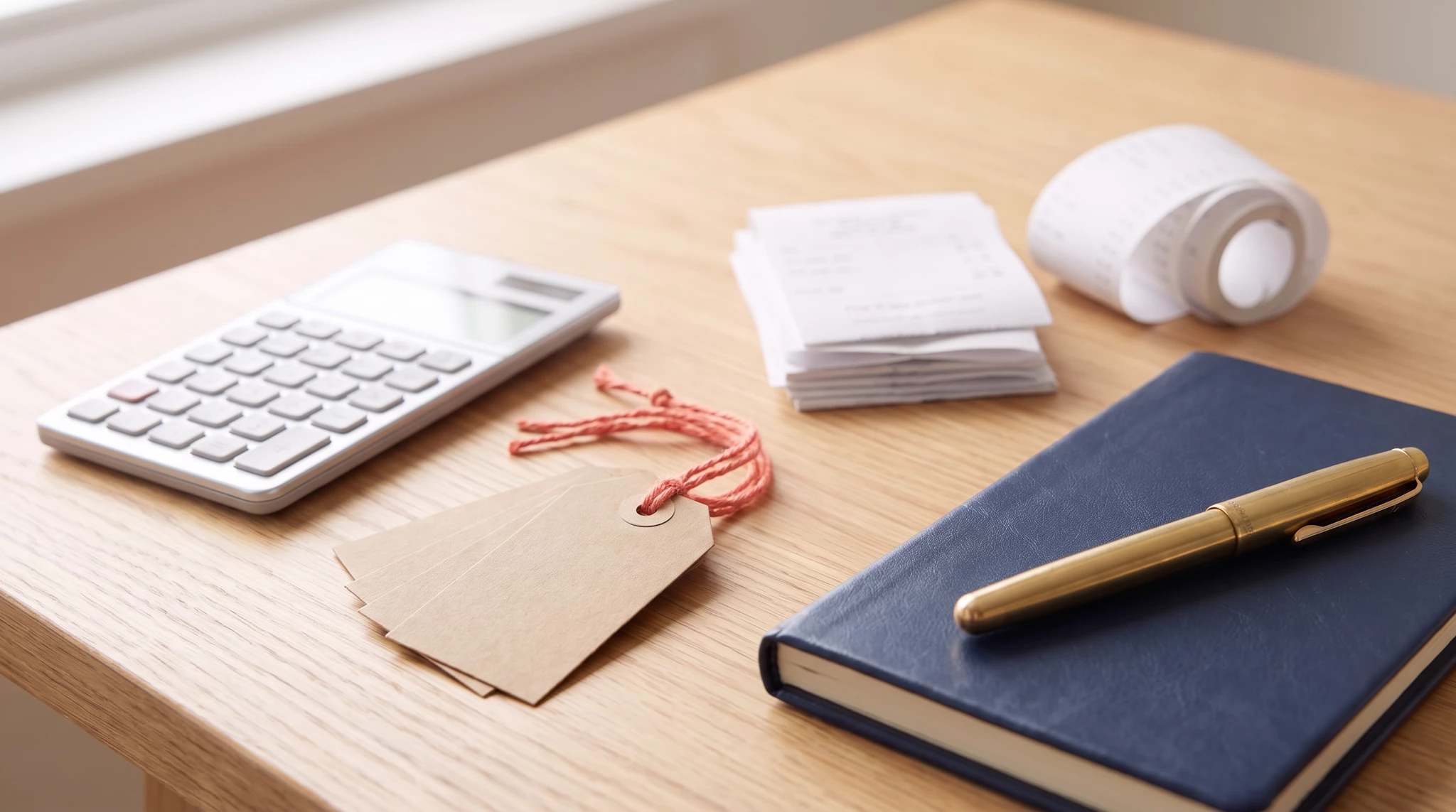 Flat lay of organized office supplies on light wood desk: white keyboard, kraft tags with red twine, stack of white notepads
