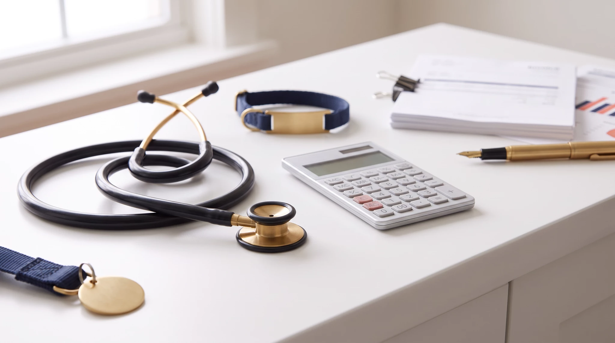 Flat lay arrangement of healthcare and business items on white desk: stethoscope with gold accents, blue medical ID bracelet