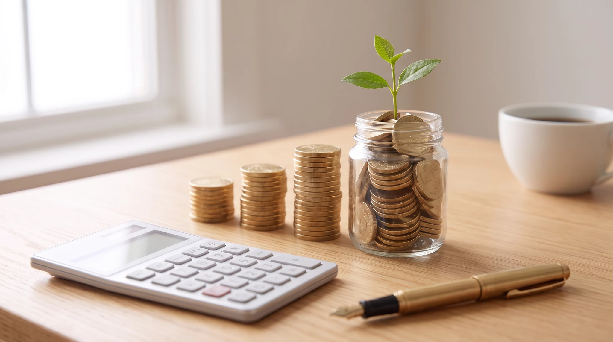 Desktop workspace with stacked coins in ascending piles, glass jar filled with coins and sprouting green plant