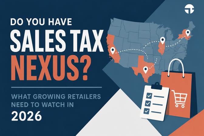 US map infographic with state overlays and shopping bag icon, headline "DO YOU HAVE SALES TAX NEXUS?"