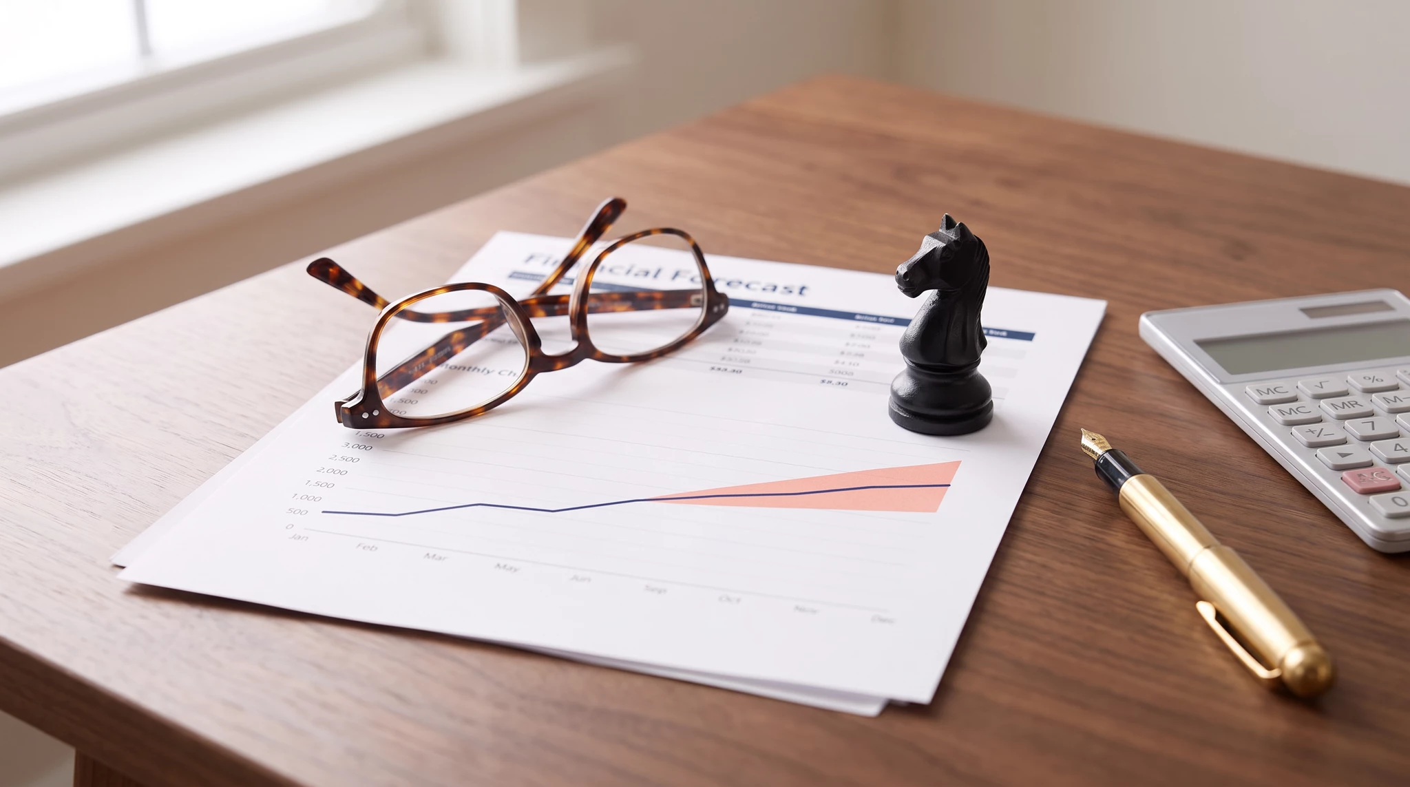 Wooden desk with financial forecast documents, tortoiseshell reading glasses, black chess knight piece, gold fountain pen