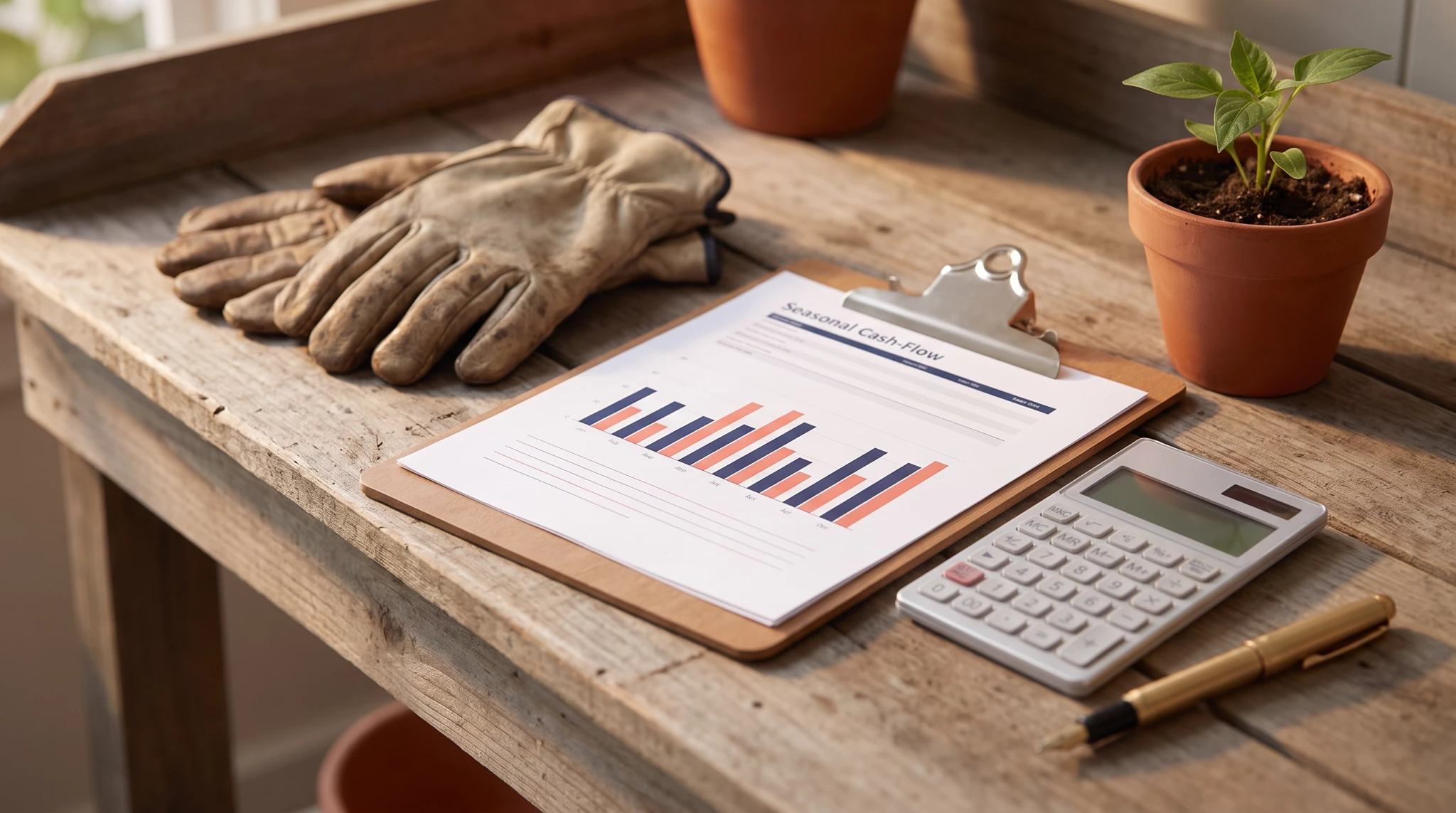 Wooden desk with clipboard showing bar chart, calculator, garden gloves, potted plant, and pen in natural sunlight