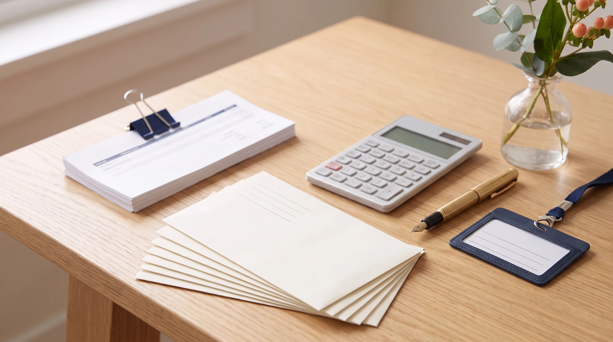 Minimalist office desk arrangement with open notebook, calculator, pen, notepad with navy clip, ID badge