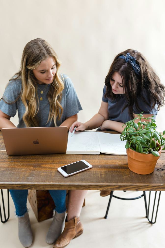 Two young women collaborating at a wooden table with a laptop, notebook, and potted plant, wearing casual blue shirts