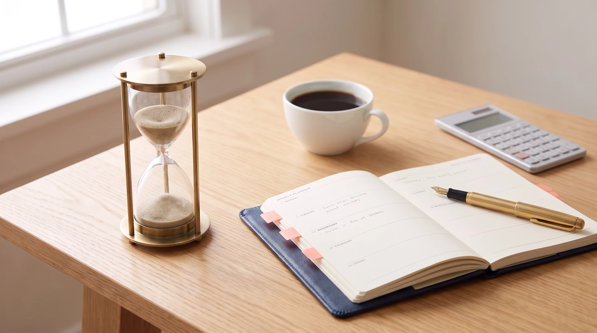 Minimalist workspace flatlay featuring open planner with pink tabs, white coffee cup, brass hourglass, gold pen