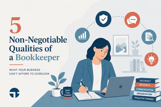 Infographic showing a female bookkeeper at desk with laptop and documents, surrounded by icons representing skills