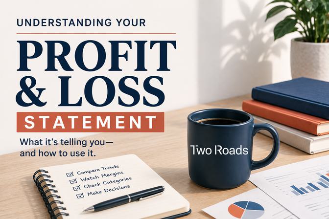 Financial education desktop scene with headline "Understanding Your Profit & Loss Statement", navy and coral typography